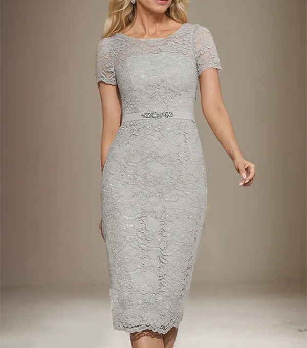 Sheath/Column Scoop Knee-Length Chiffon Lace Mother of the Bride Dress With Beading