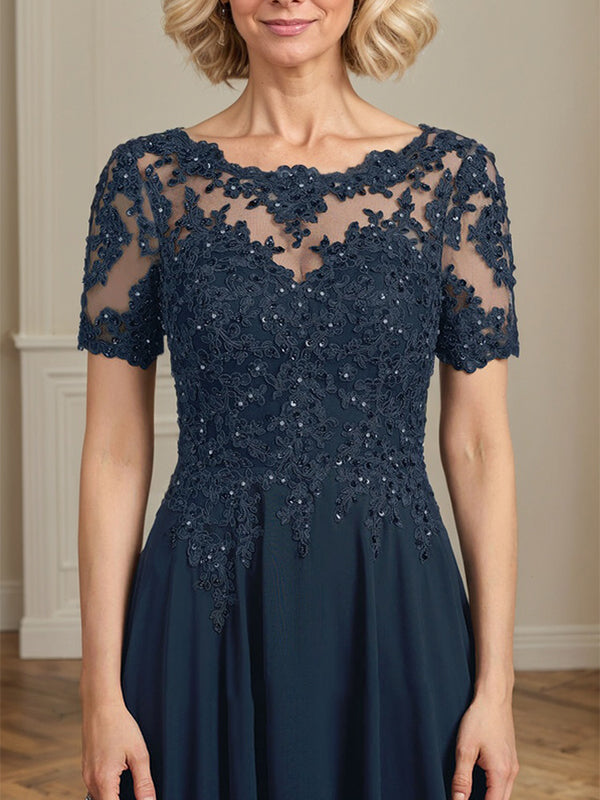 A-line Scoop Illusion Floor-Length Chiffon Lace Mother of the Bride Dress With Sequins Beading