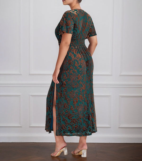 Vintage Plain V-Neck Short Sleeves Velvet Tea-Length Mother of the Bride Dress With Slit