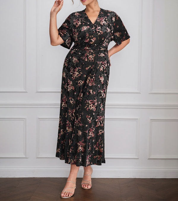 Vintage Plain V-Neck Short Sleeves Velvet Tea-Length Mother of the Bride Dress With Slit