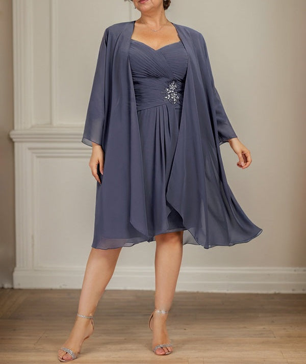 Sheath/Column Sweetheart Knee-Length Chiffon Mother of the Bride Dress With Beading Appliques Lace Sequins Pleated
