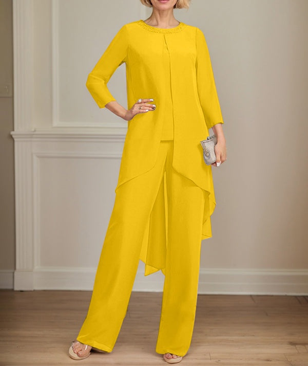 Separates Jumpsuit/Pantsuit Scoop Floor-Length Chiffon Mother of the Bride Dress With Sequins Beading