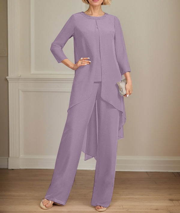 Separates Jumpsuit/Pantsuit Scoop Floor-Length Chiffon Mother of the Bride Dress With Sequins Beading