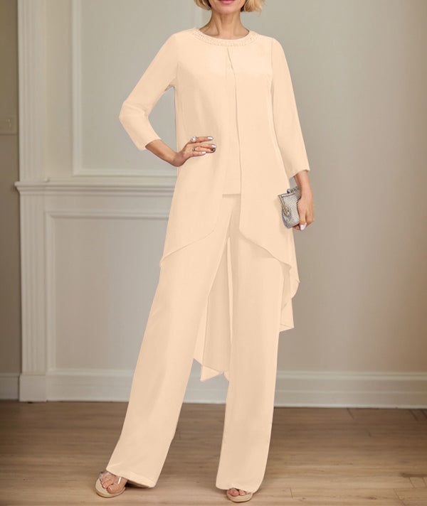 Separates Jumpsuit/Pantsuit Scoop Floor-Length Chiffon Mother of the Bride Dress With Sequins Beading