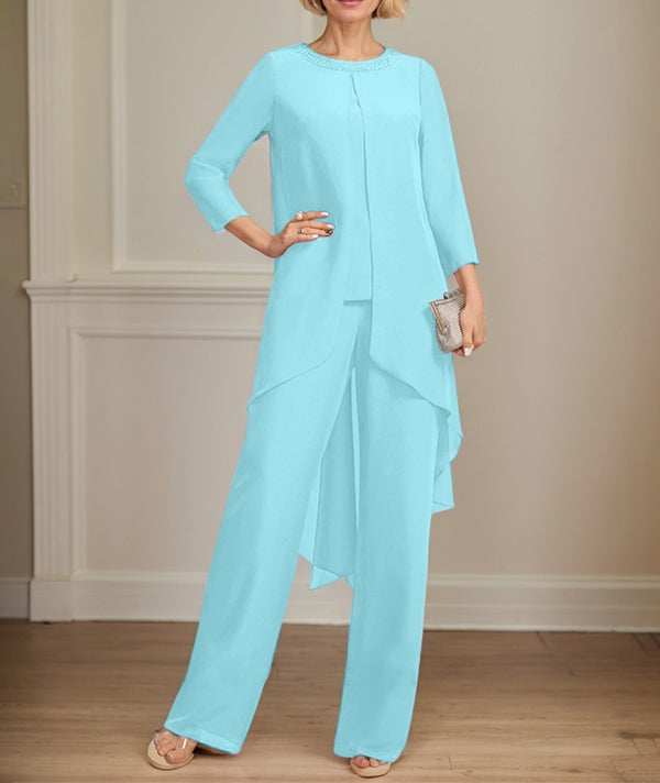 Separates Jumpsuit/Pantsuit Scoop Floor-Length Chiffon Mother of the Bride Dress With Sequins Beading