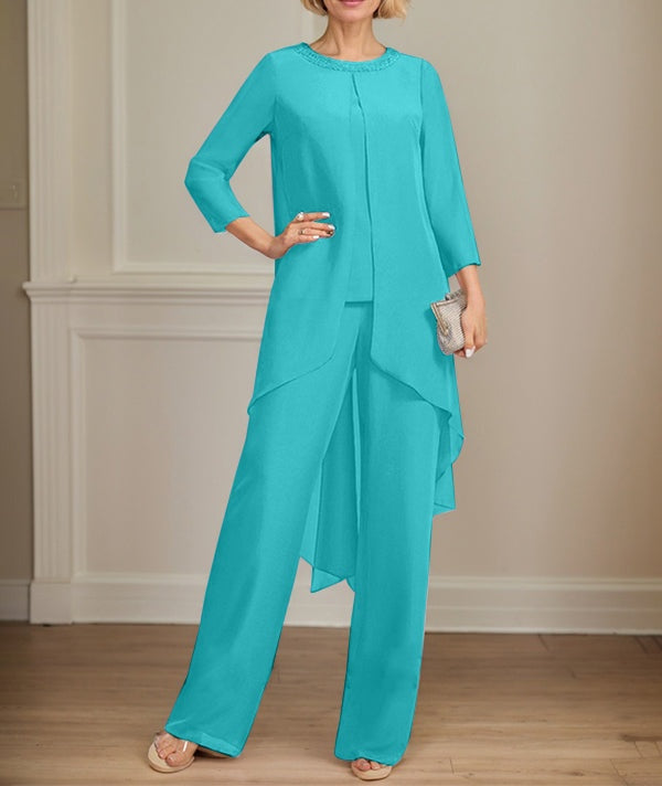 Separates Jumpsuit/Pantsuit Scoop Floor-Length Chiffon Mother of the Bride Dress With Sequins Beading