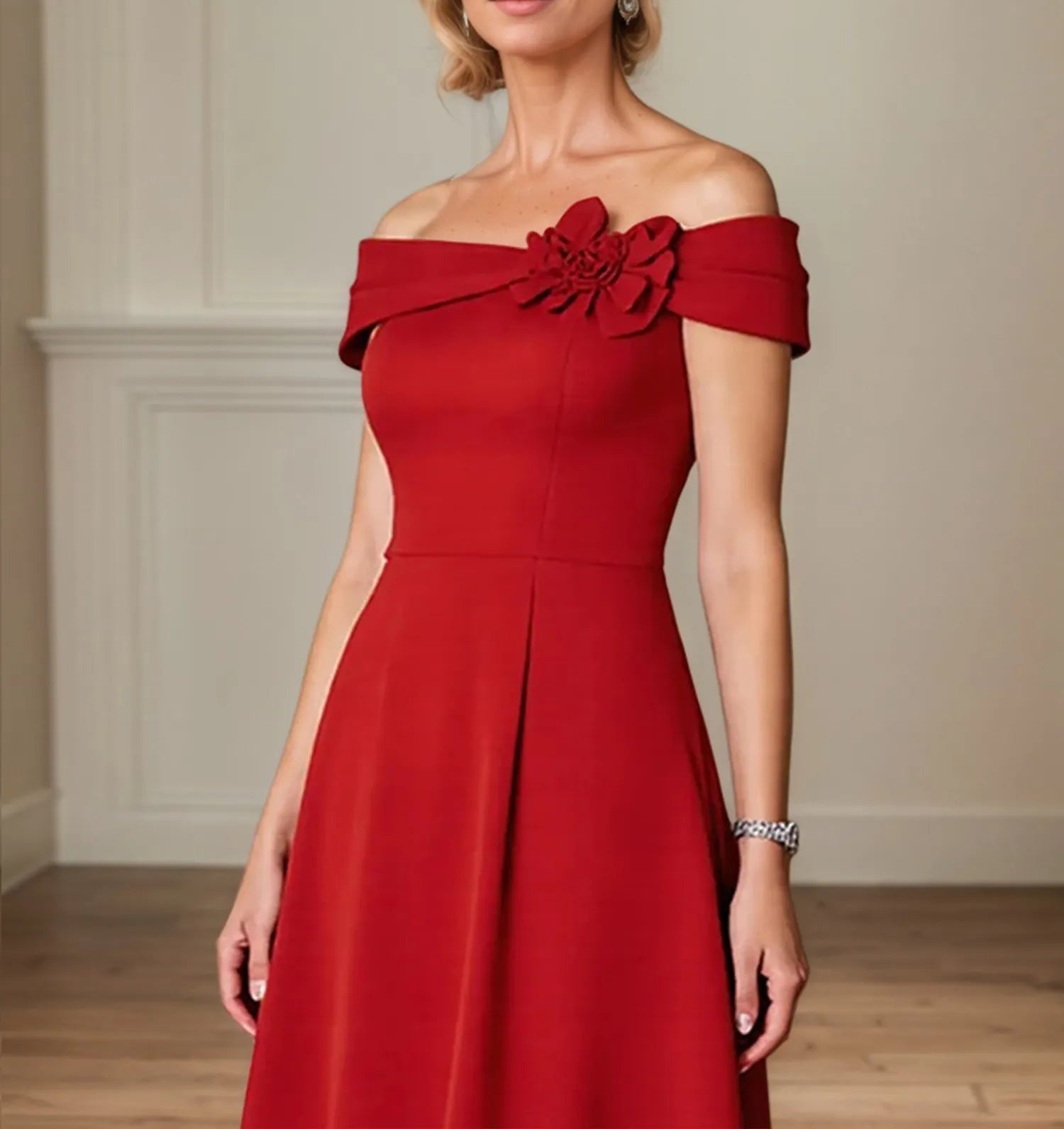 A Line 3D Floral Off the Shoulder Tea Length Mother of the Bride Dress