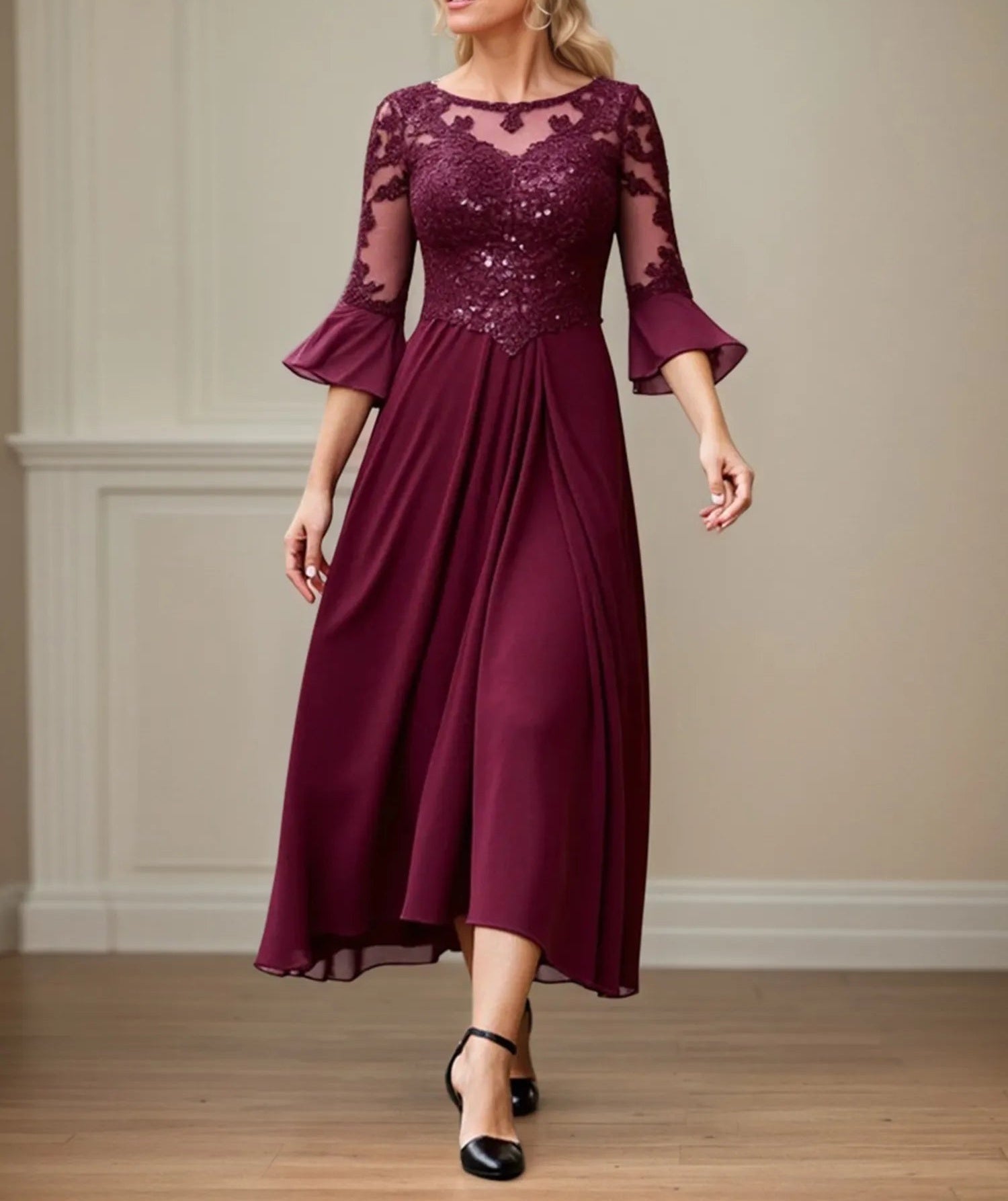 A Line Scoop Neck Applique Tea Length Mother of the Bride Dress