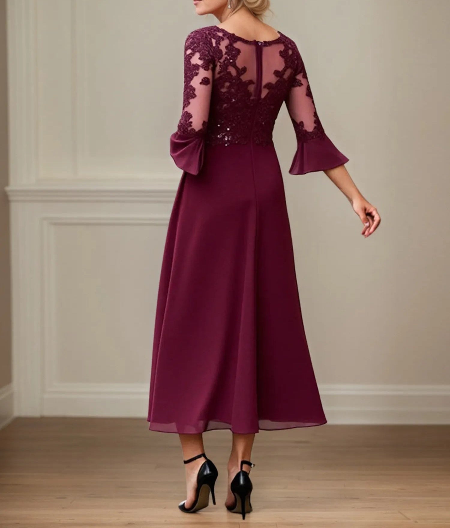 A Line Scoop Neck Applique Tea Length Mother of the Bride Dress