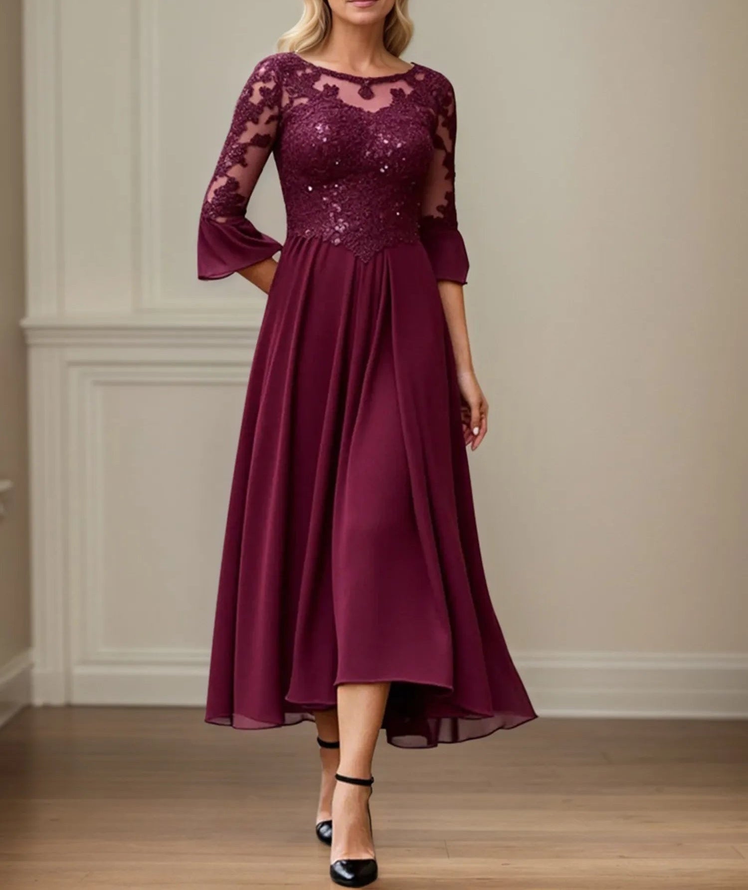 A Line Scoop Neck Applique Tea Length Mother of the Bride Dress