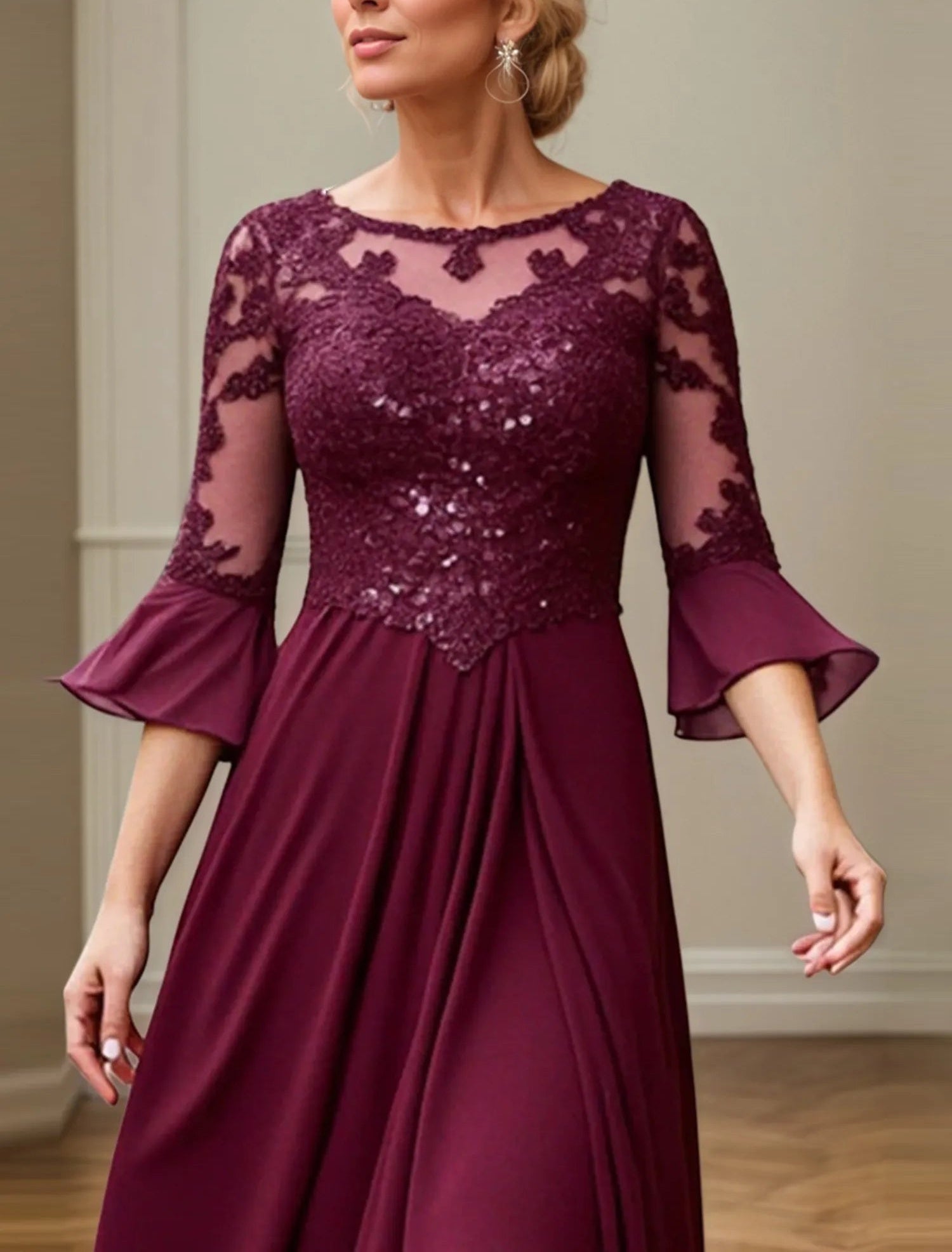 A Line Scoop Neck Applique Tea Length Mother of the Bride Dress