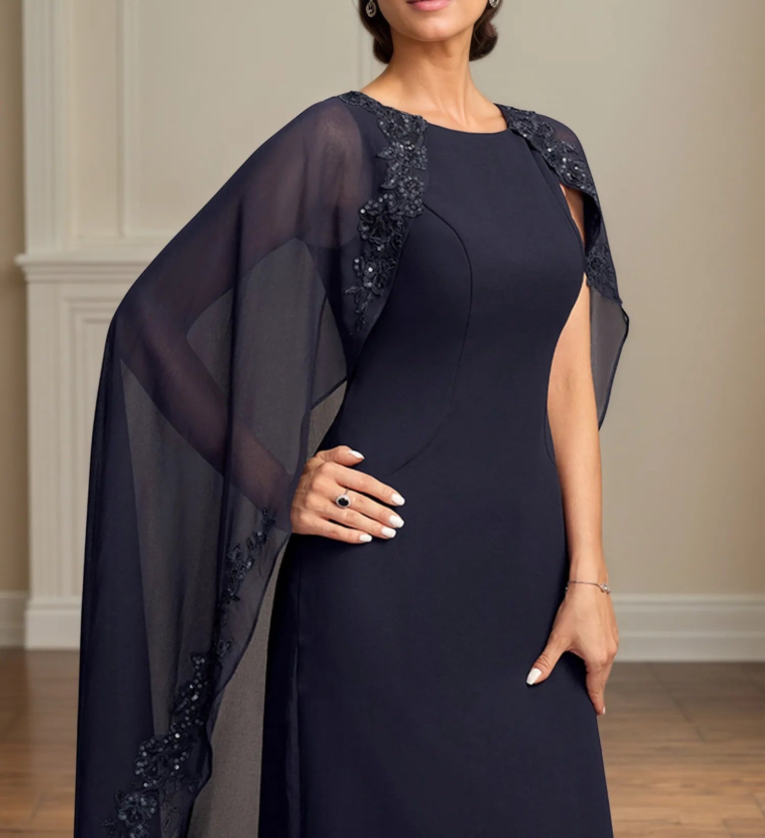 Sheath/Column Scoop Floor Length Chiffon Mother of the Bride Dress With Appliques Sequins