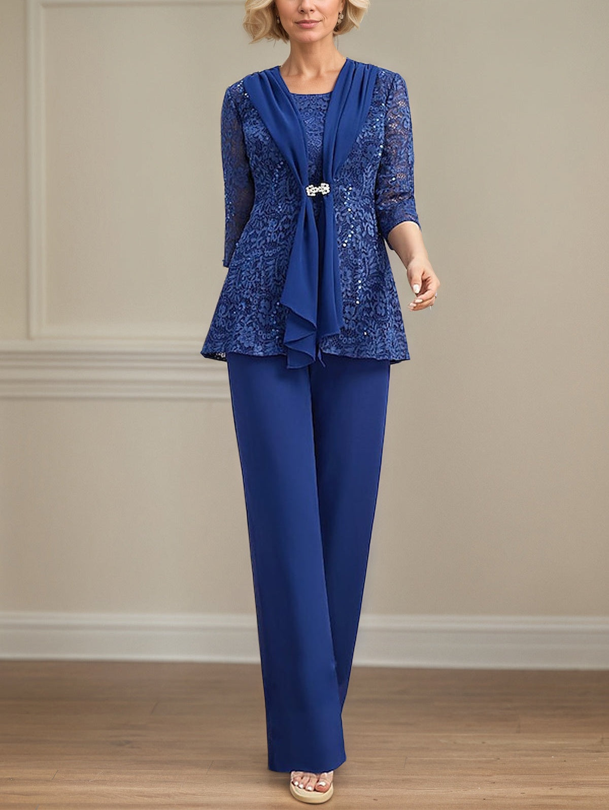 Pantsuits Separates Scoop Floor-Length Lace Chiffon Mother of the Bride Dress