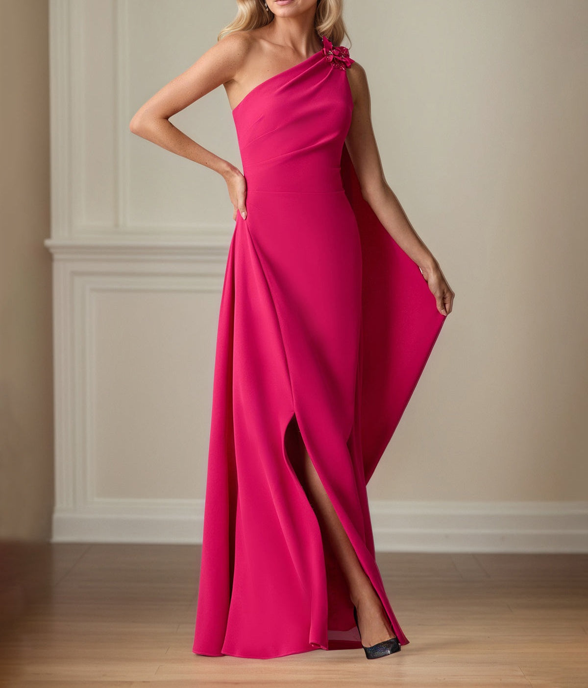Lipstick Stretch Crepe Sheath/Column One Shoulder Floor Length Mother of the Bride Dresses