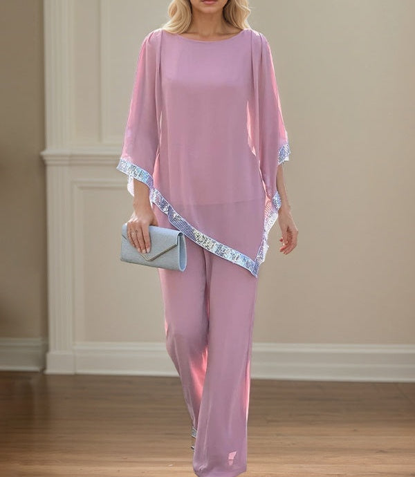 2 Piece Jumpsuit / Pantsuit Crew Neck Chiffon Mother of the Bride Dress