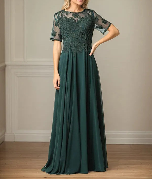 A Line Chiffon Scoop Neck Short Sleeves Floor Length Mother of the Bride Dresses