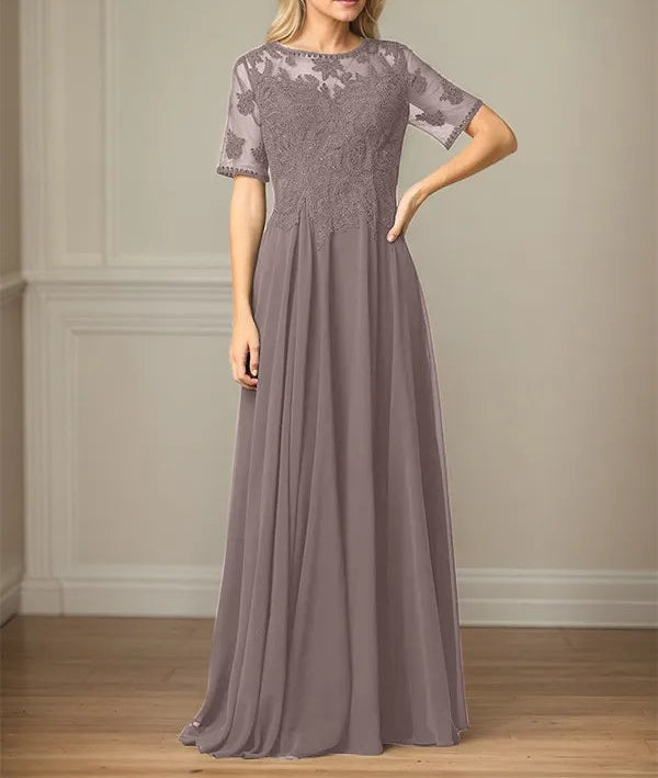 A Line Chiffon Scoop Neck Short Sleeves Floor Length Mother of the Bride Dresses