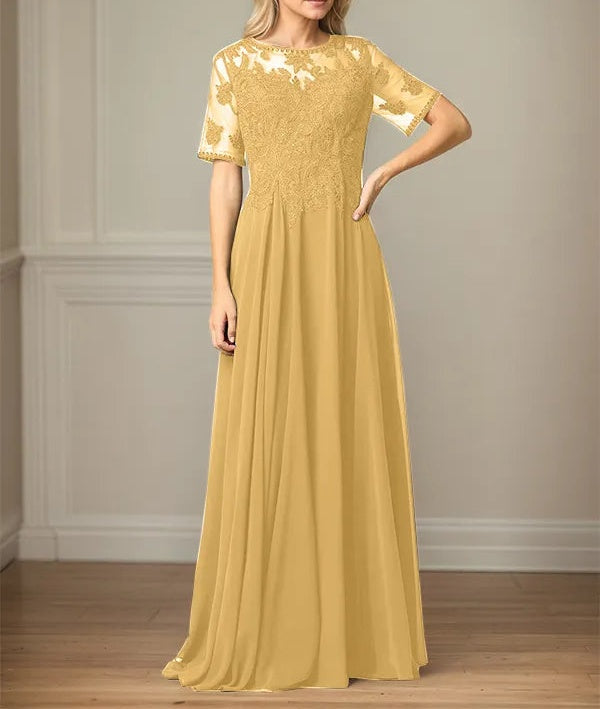 A Line Chiffon Scoop Neck Short Sleeves Floor Length Mother of the Bride Dresses