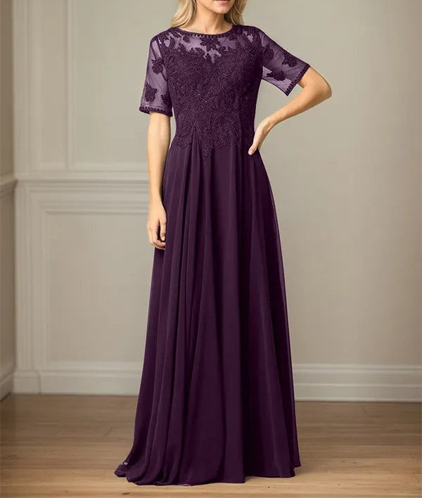 A Line Chiffon Scoop Neck Short Sleeves Floor Length Mother of the Bride Dresses