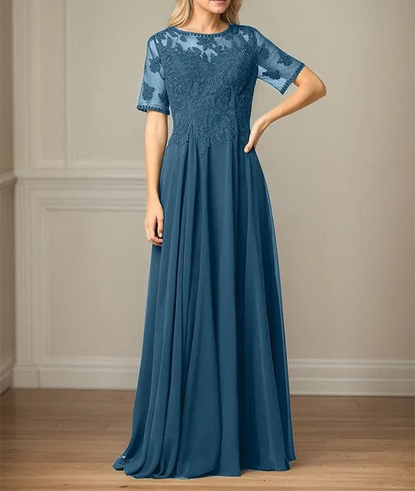 A Line Chiffon Scoop Neck Short Sleeves Floor Length Mother of the Bride Dresses