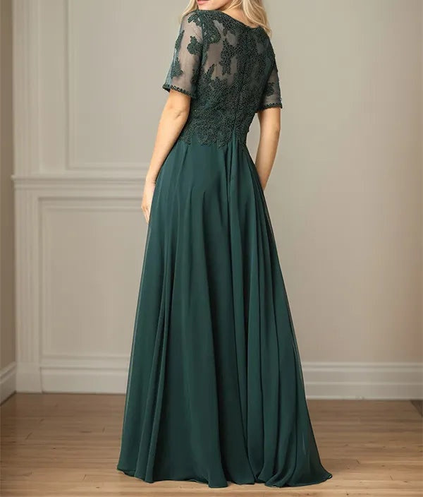 A Line Chiffon Scoop Neck Short Sleeves Floor Length Mother of the Bride Dresses