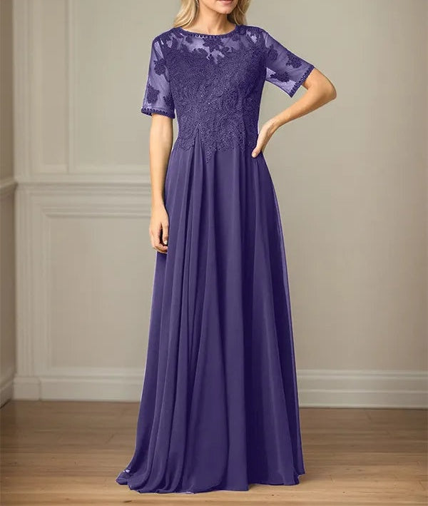 A Line Chiffon Scoop Neck Short Sleeves Floor Length Mother of the Bride Dresses