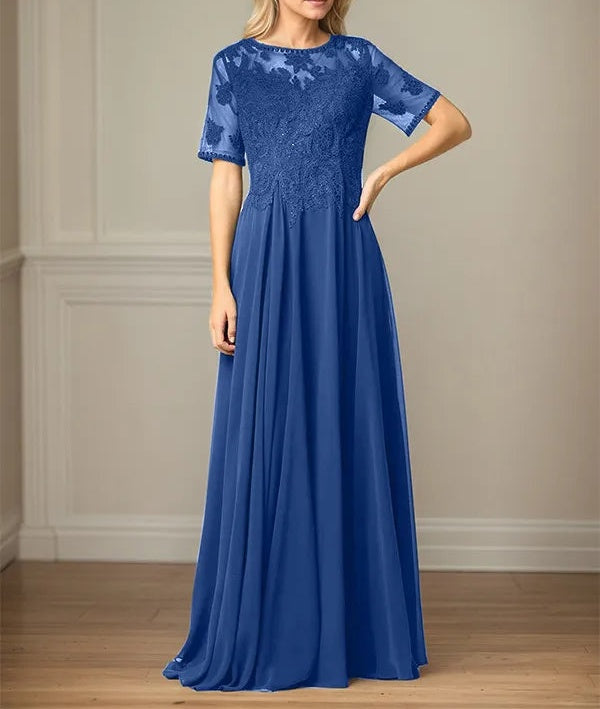 A Line Chiffon Scoop Neck Short Sleeves Floor Length Mother of the Bride Dresses