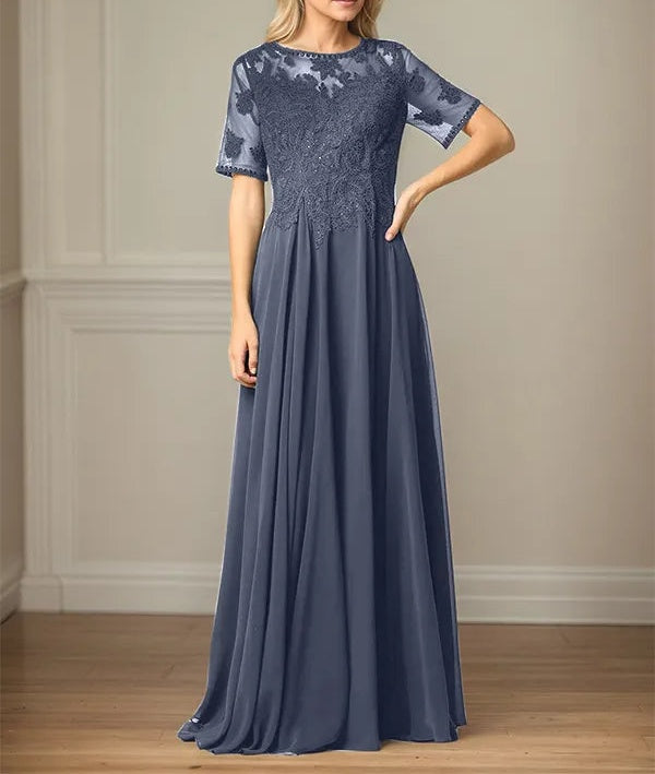A Line Chiffon Scoop Neck Short Sleeves Floor Length Mother of the Bride Dresses