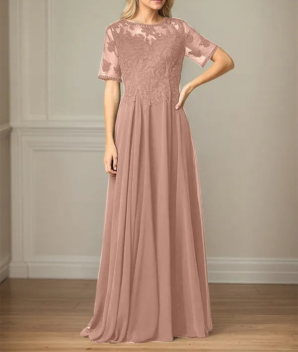 A Line Chiffon Scoop Neck Short Sleeves Floor Length Mother of the Bride Dresses