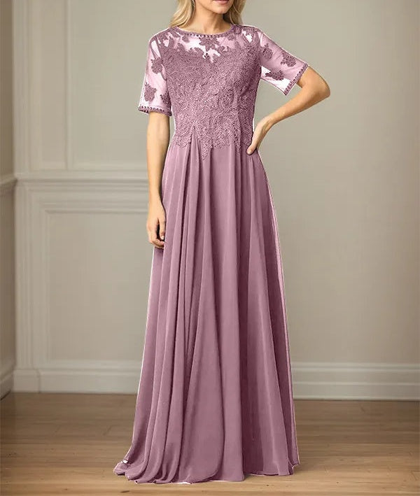 A Line Chiffon Scoop Neck Short Sleeves Floor Length Mother of the Bride Dresses