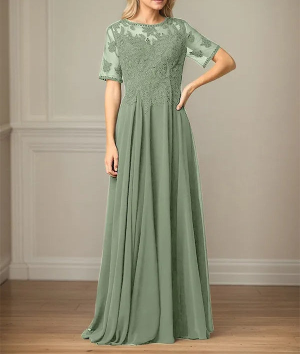 A Line Chiffon Scoop Neck Short Sleeves Floor Length Mother of the Bride Dresses