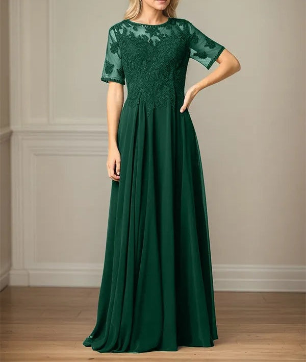 A Line Chiffon Scoop Neck Short Sleeves Floor Length Mother of the Bride Dresses