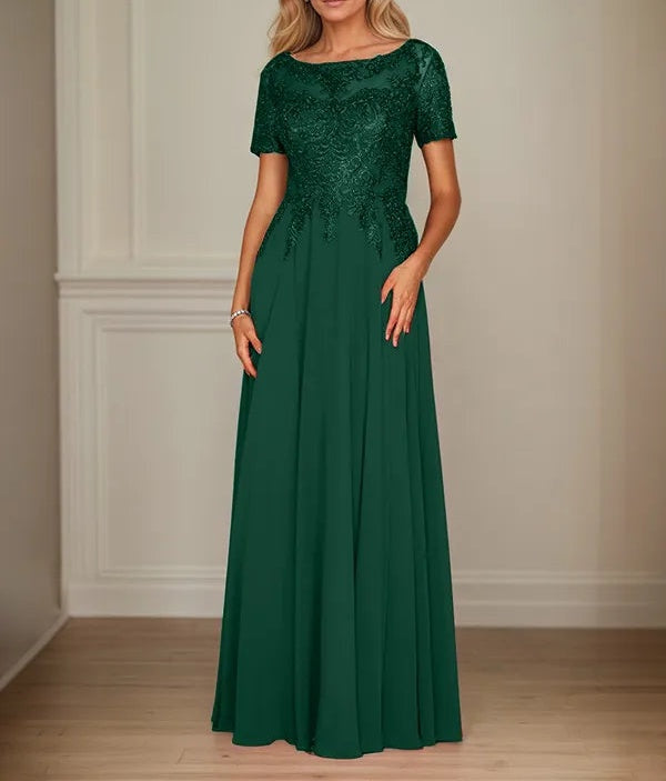 A Line Chiffon Boat Neck Short Sleeves Floor Length Mother of the Bride Dresses