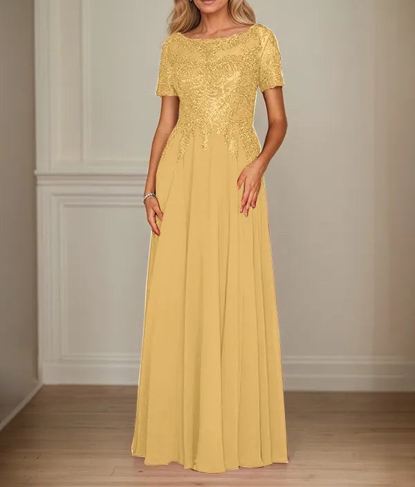 A Line Chiffon Boat Neck Short Sleeves Floor Length Mother of the Bride Dresses