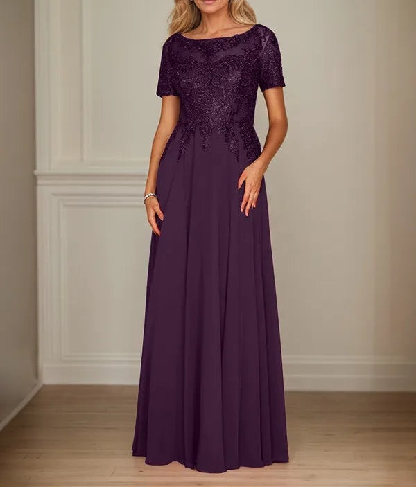 A Line Chiffon Boat Neck Short Sleeves Floor Length Mother of the Bride Dresses