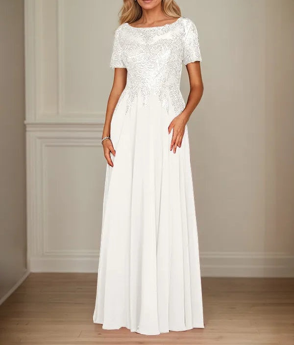 A Line Chiffon Boat Neck Short Sleeves Floor Length Mother of the Bride Dresses