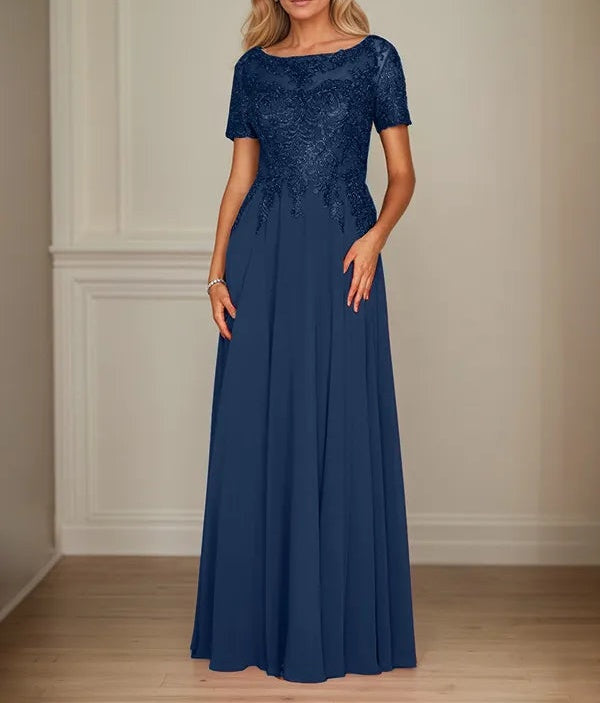 A Line Chiffon Boat Neck Short Sleeves Floor Length Mother of the Bride Dresses