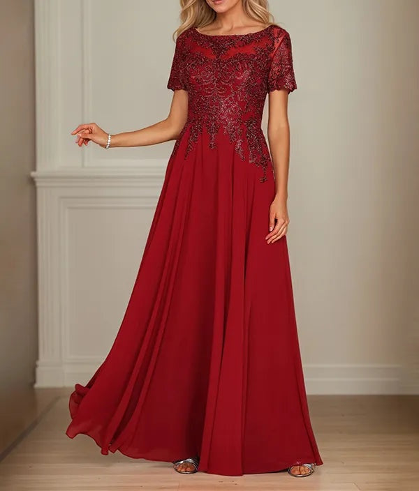 A Line Chiffon Boat Neck Short Sleeves Floor Length Mother of the Bride Dresses