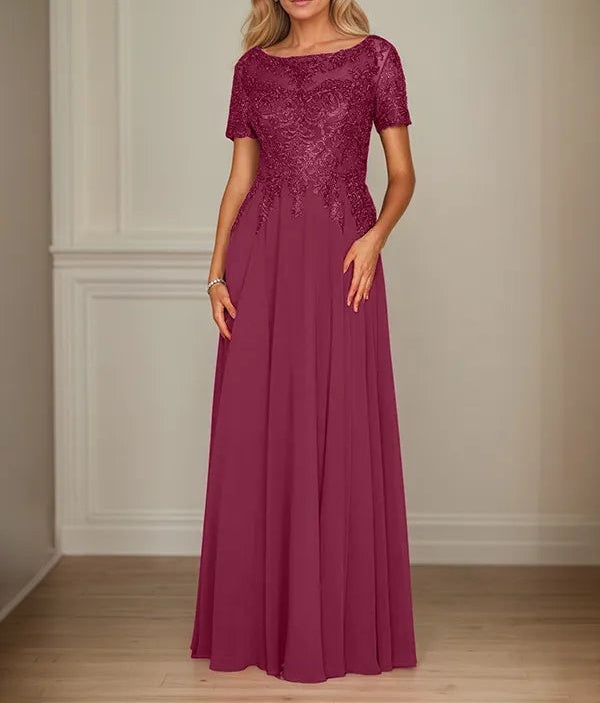 A Line Chiffon Boat Neck Short Sleeves Floor Length Mother of the Bride Dresses
