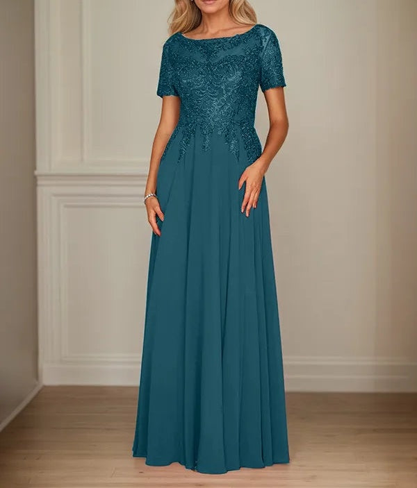 A Line Chiffon Boat Neck Short Sleeves Floor Length Mother of the Bride Dresses