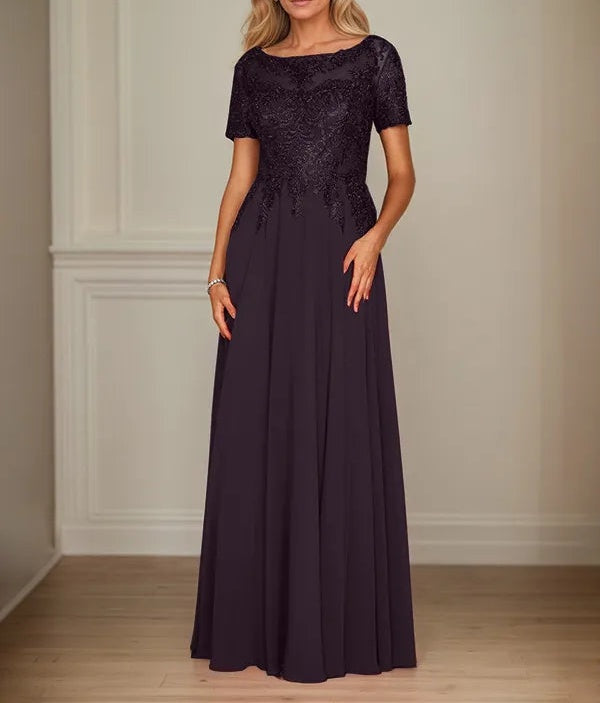 A Line Chiffon Boat Neck Short Sleeves Floor Length Mother of the Bride Dresses