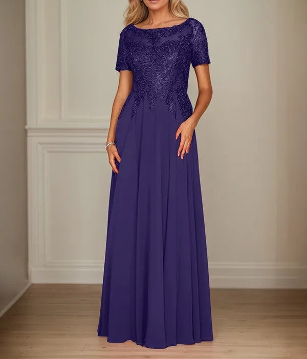 A Line Chiffon Boat Neck Short Sleeves Floor Length Mother of the Bride Dresses