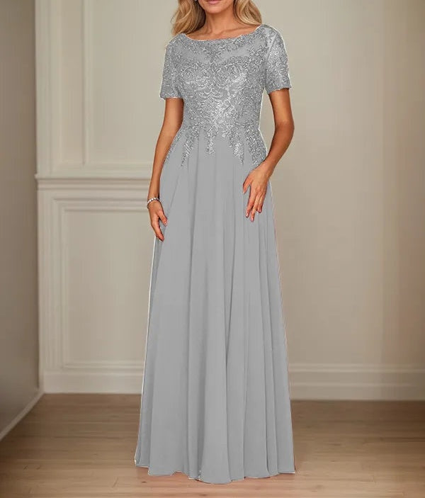 A Line Chiffon Boat Neck Short Sleeves Floor Length Mother of the Bride Dresses