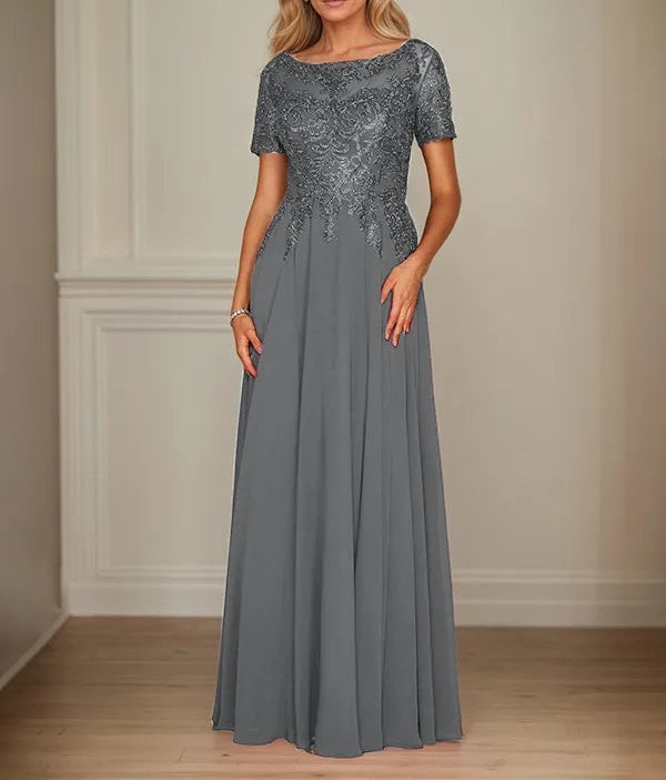 A Line Chiffon Boat Neck Short Sleeves Floor Length Mother of the Bride Dresses
