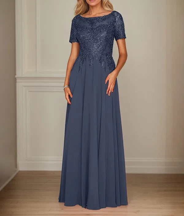 A Line Chiffon Boat Neck Short Sleeves Floor Length Mother of the Bride Dresses