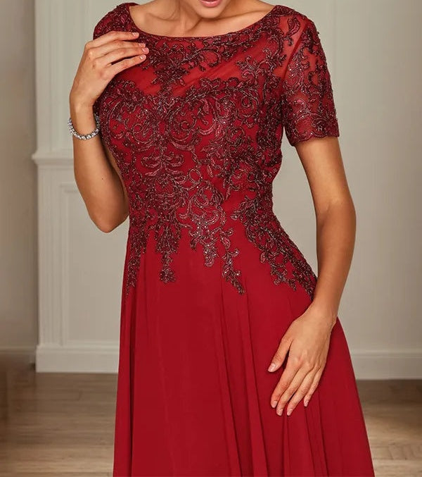 A Line Chiffon Boat Neck Short Sleeves Floor Length Mother of the Bride Dresses