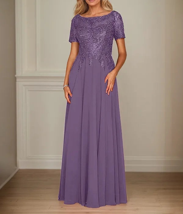 A Line Chiffon Boat Neck Short Sleeves Floor Length Mother of the Bride Dresses