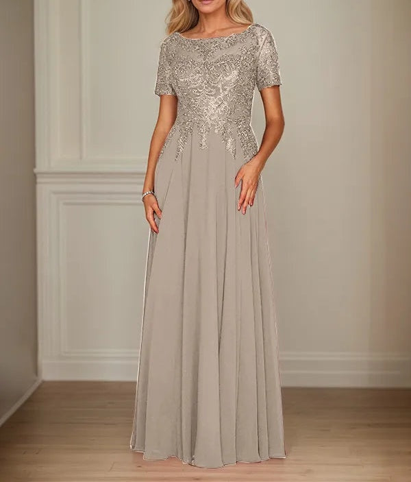 A Line Chiffon Boat Neck Short Sleeves Floor Length Mother of the Bride Dresses