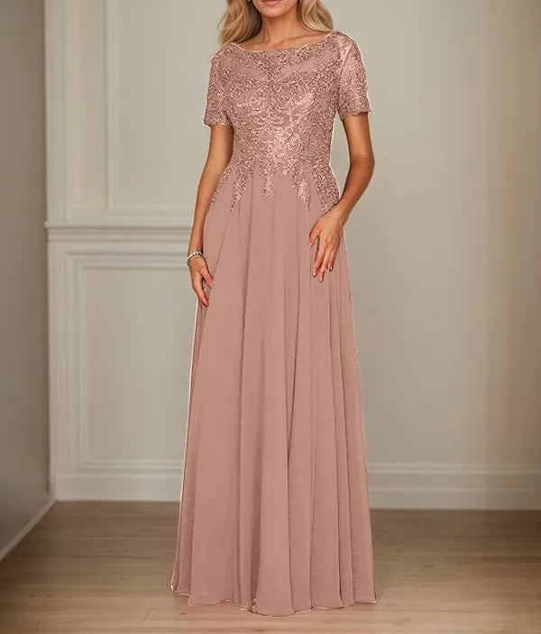 A Line Chiffon Boat Neck Short Sleeves Floor Length Mother of the Bride Dresses