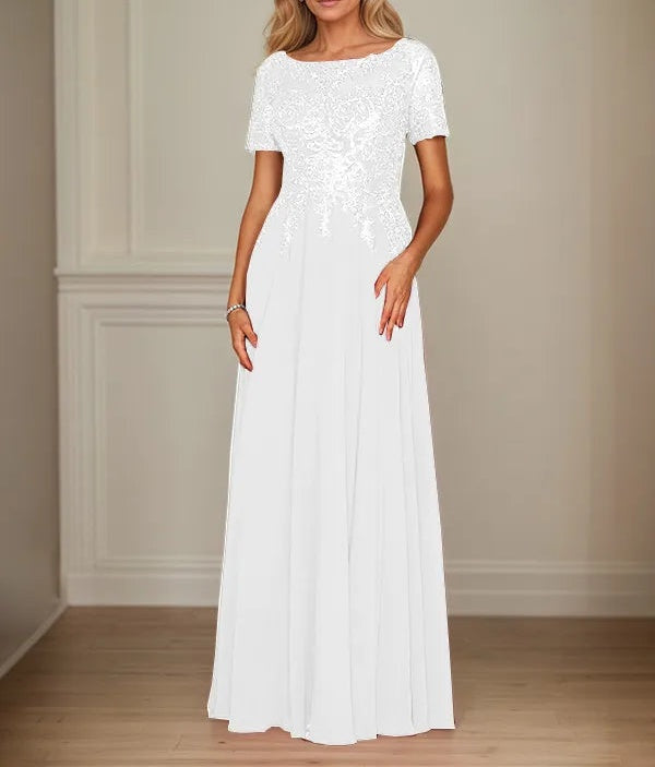 A Line Chiffon Boat Neck Short Sleeves Floor Length Mother of the Bride Dresses